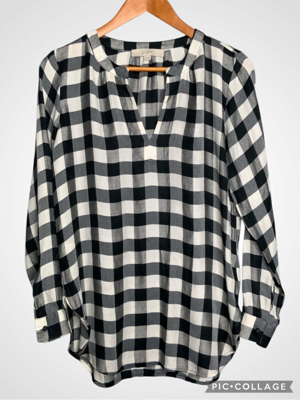 LOFT Black & White Buffalo Check Gingham Tunic Long Sleeve Blouse XS